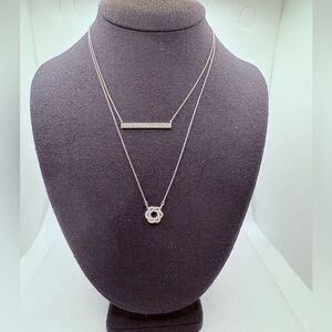 Set Of 2 Delicate Rhinestone Necklaces Silvertone Bar And Woven Circle Stackable